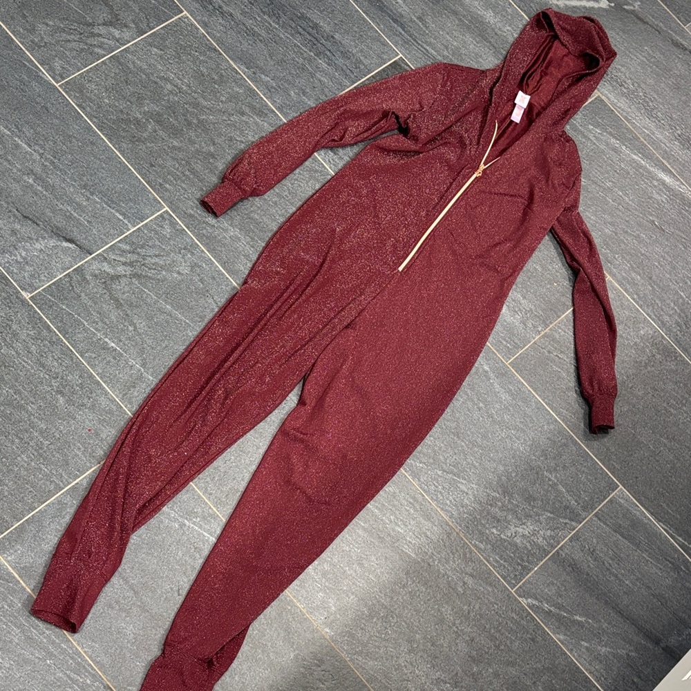 Savage X Fenty Burgundy Sparkle Hooded Jumpsuit